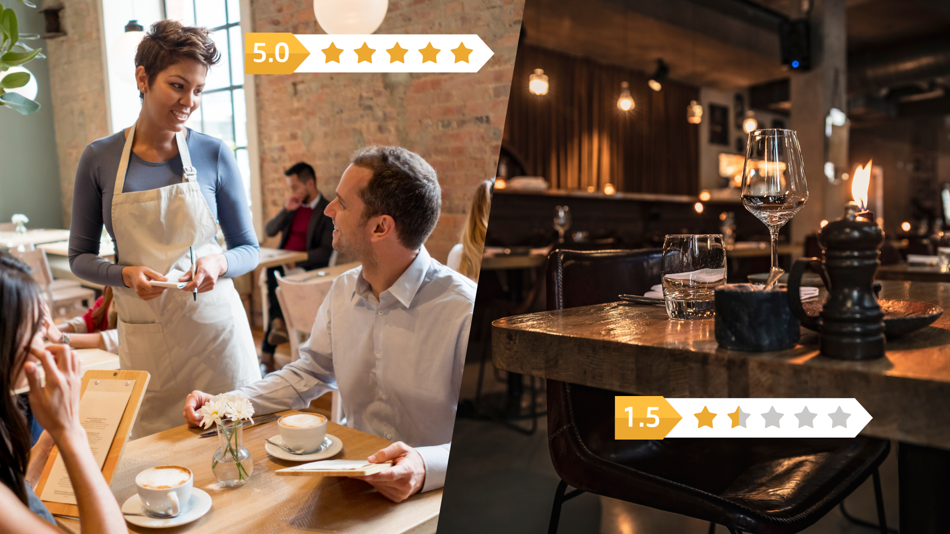 Google Maps showing different restaurants in a city that are close to each other, one has many reviews, the other has none