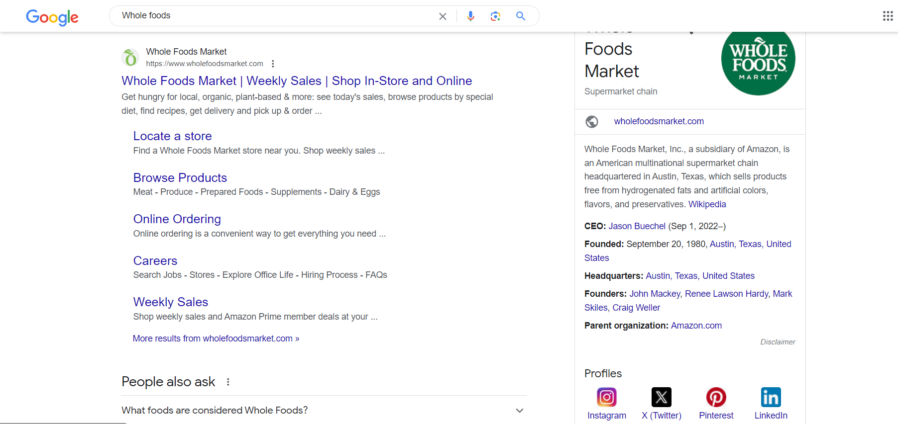 Whole Foods on a Google search